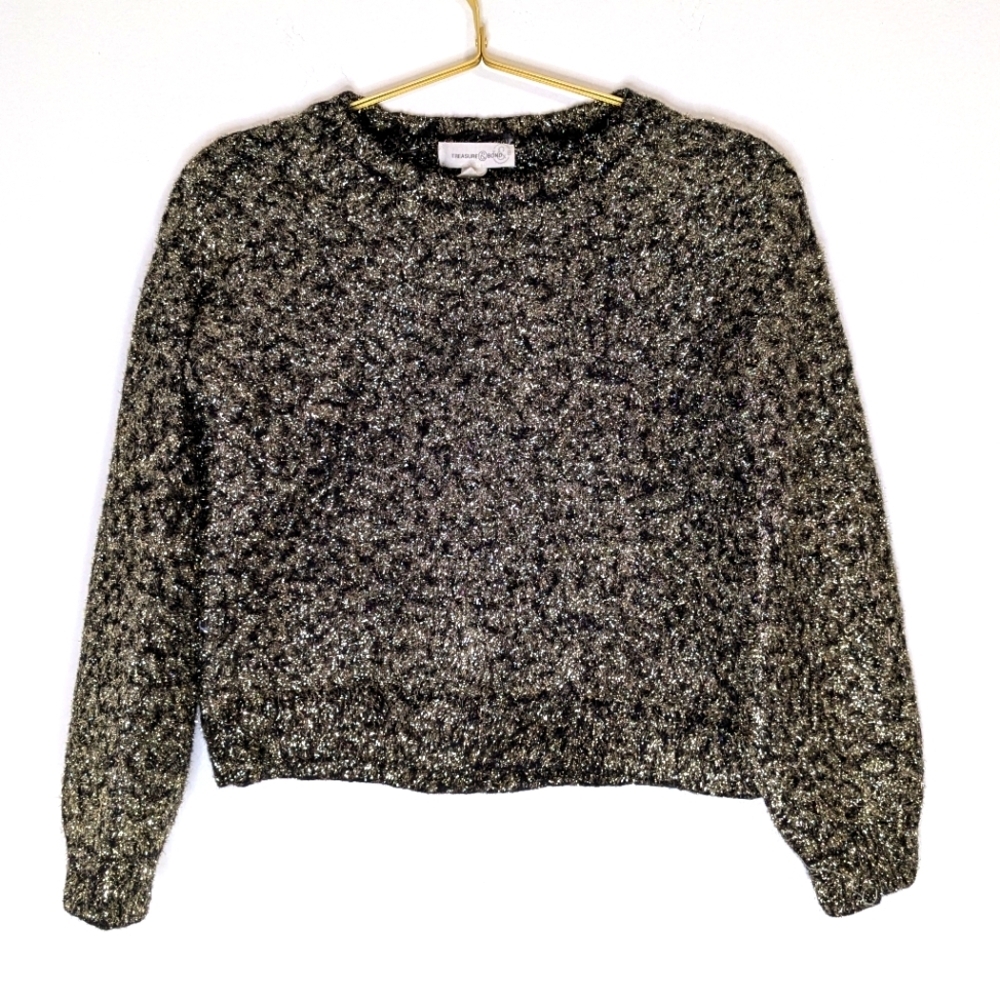 Treasure + Bond Medium Black & Gold Metallic  Tinsel Cropped Long Sleeve Sweater